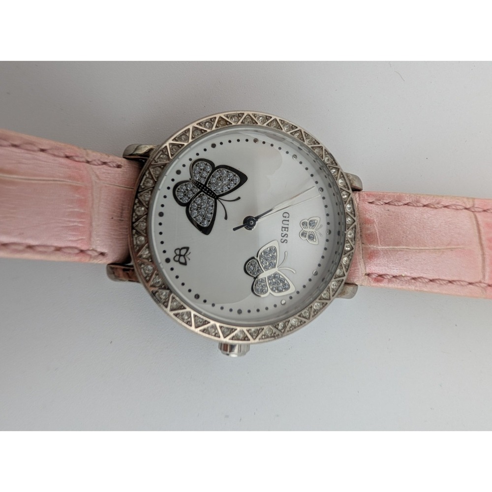 Guess Women's Watch Butterfly Dial Pave Bezel Pink Leather Band- New Battery - Picture 5 of 9